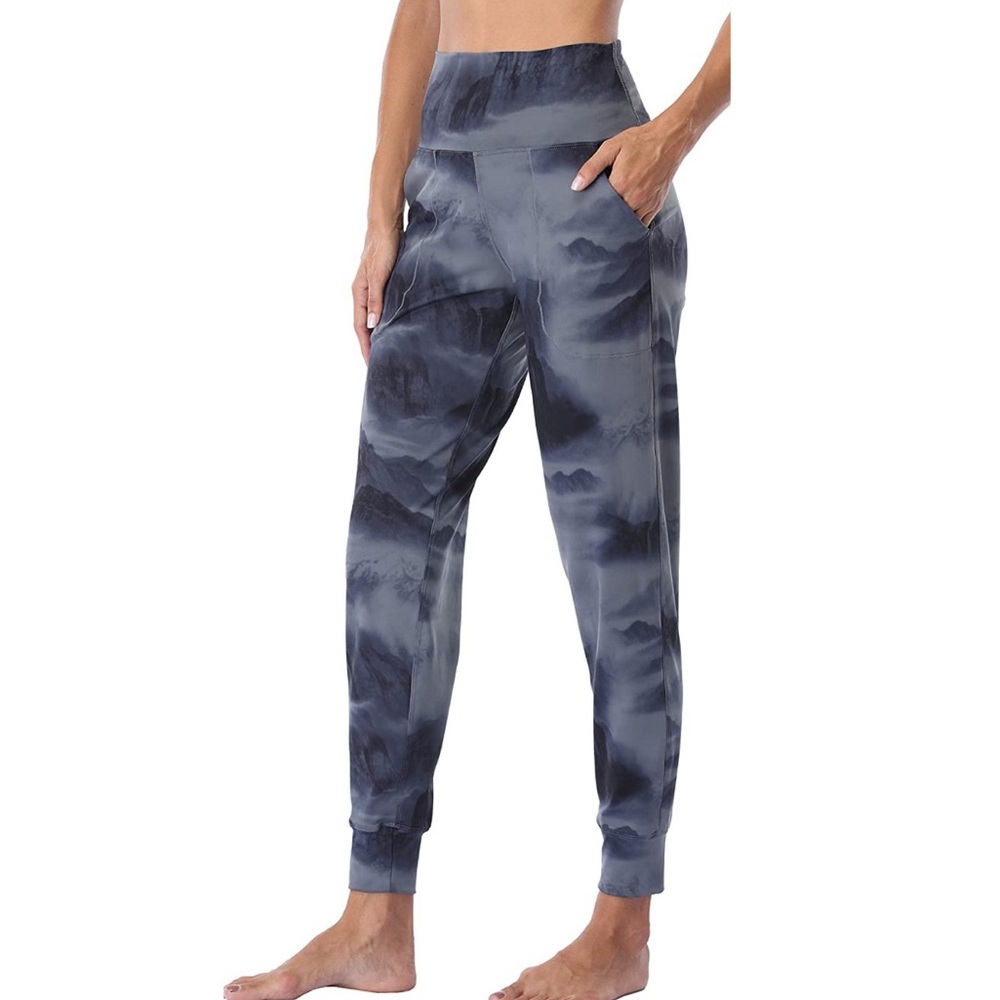 Oalka High Waist Gray Foggy Shadow Mountains Athleisure Yoga Jogger Sweatpants
